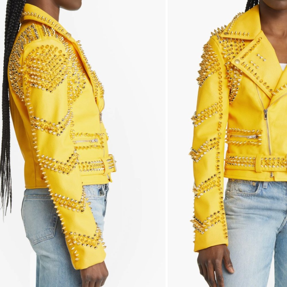 Callie Lives Stasia Dreamin: Azalea Wang Yellow Winter Gold Spiked Moto Jacket L - Picture 3 of 7